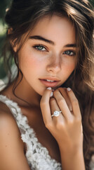 Obraz premium A close-up portrait of a young woman with striking blue eyes and a sparkling ring, enjoying a sunny day outdoors in a serene setting
