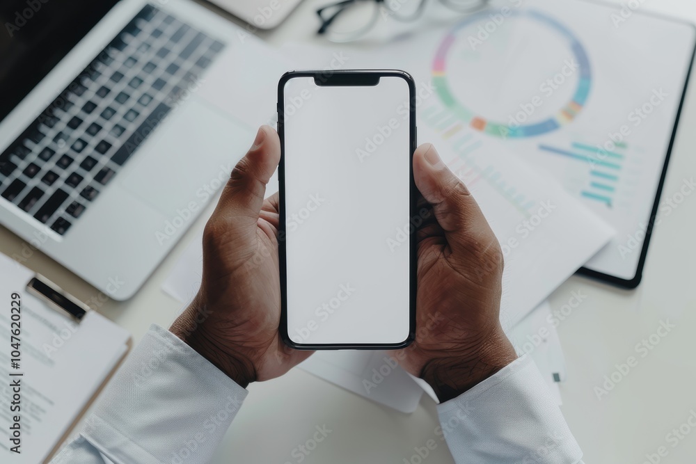 Poster business professional using a smartphone in an office, checking schedules and social media while con