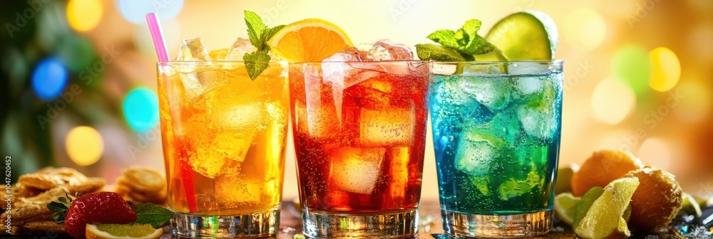 Poster brightly colored cocktails are beautifully arranged on a table with snacks and fresh fruit slices, c