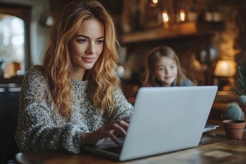 A professional who combines career and family time, working on a laptop at the kitchen table. Generative AI