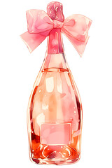 Beautiful rose champagne bottle decorated with pink ribbon bow. Cute watercolor illustration, festive feminine clip art isolated on white background.