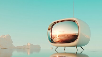 A retro-styled television with a shiny exterior and a reflective screen stands against a serene...