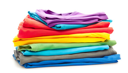 Pile of colorful t-shirts on white background
