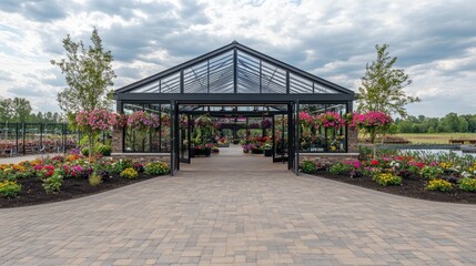 Obraz premium The entrance of a modern farm with sliding greenhouse doors, lush hanging planters, and a sterilization pond, showcasing an eco-friendly livestock environment.