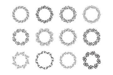 Set of hand drawn round spring wreaths isolated. Collection doodle floral frames. Silhouette circle of leaves.