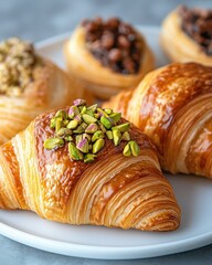 A plate of croissants with nuts on top