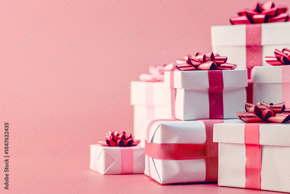 Poster stack of white and pink boxes with red bows on top. the boxes are piled on top of each other, creati
