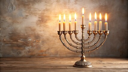Fototapeta premium Lit Hanukkah menorah on wooden table against rustic background