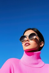 A stylish young woman in vibrant pink sweater and sunglasses against a clear blue sky