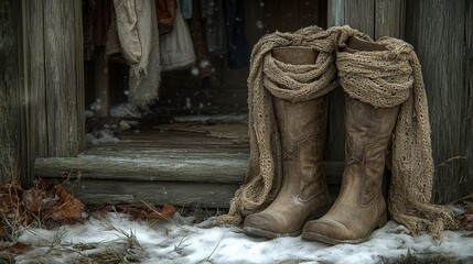 an illustration of old boots standing on the snow in front of a wooden house