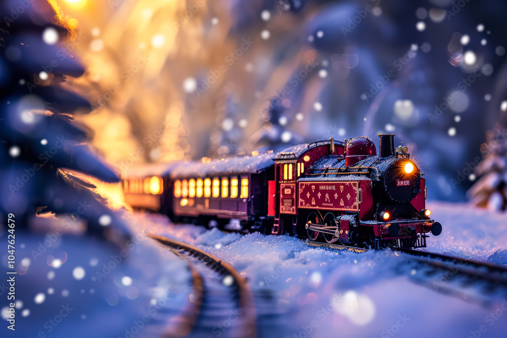 Poster train is traveling through a snowy forest. the train is surrounded by trees and the snow is falling.