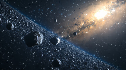 Illustration showing a 3d rendering of an asteroid belt near earth in anticipation of asteroid day on june Asteroid Belt. Illustration