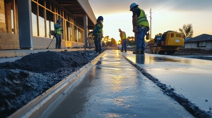 Construction workers pouring concrete at sunset, showcasing teamwork and dedication.