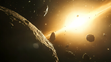 Illustration showing a 3d rendering of an asteroid belt near earth in anticipation of asteroid day on june Asteroid Belt. Illustration