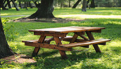 Naklejka premium Wooden picnic table with benches in green park. Space for text