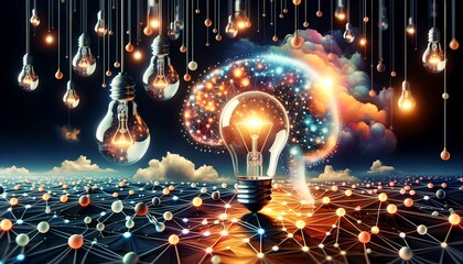 Abstract Visualization of Artificial Intelligence and Creativity, with Lightbulbs, Neural Networks, and Interconnected Nodes Representing Dynamic Ideation