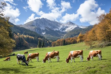 Obraz premium A group of cows are grazing on a green pasture
