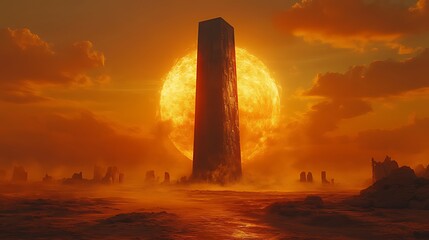 A large, rectangular structure stands tall against a fiery sunset, casting a long shadow across a desolate landscape.