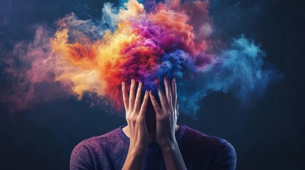 A person wrapped in swirling colors and darkness, reflecting the intense high and low of bipolar disorder in dreamlike artistic form