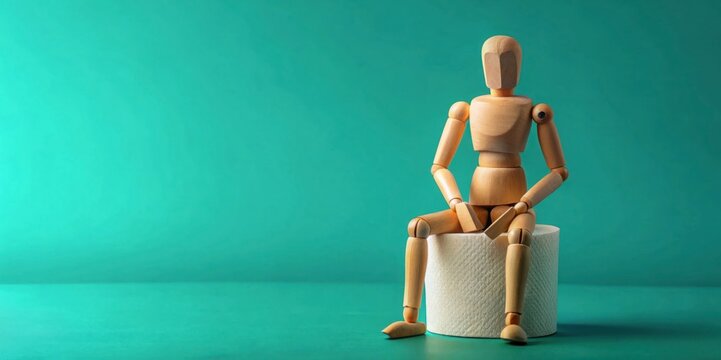 Wooden mannequin sitting on toilet paper roll against teal background. After-party - Powered by Adobe