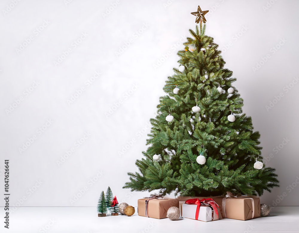 Poster Decorated Christmas tree sits atop white background with empty space for added text and_1(220)