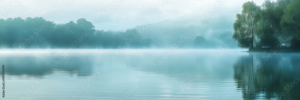 Poster the calm lake is enveloped in a soft mist, with lush trees framing its edges, creating a peaceful an