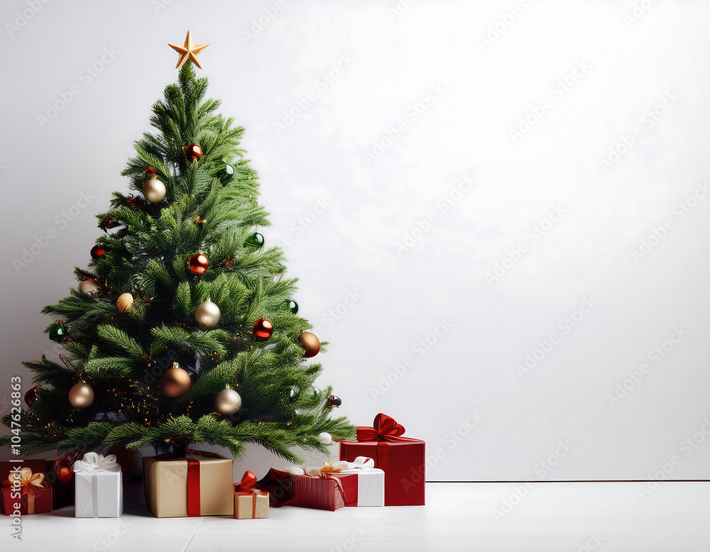 Poster Decorated Christmas tree sits atop white background with empty space for added text and des_1(219)