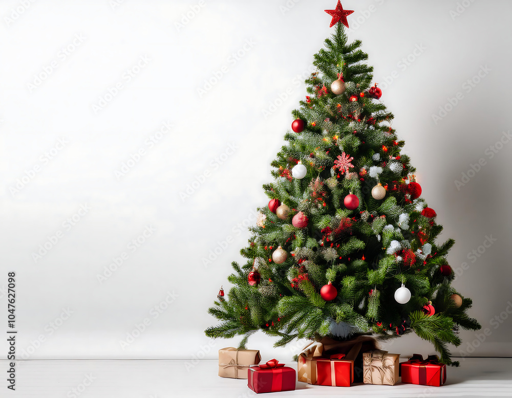 Aufkleber decorated christmas tree sits atop white background with empty space for added text and des_1(217)