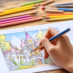 A young person's hand coloring a vibrant castle illustration with colored pencils.