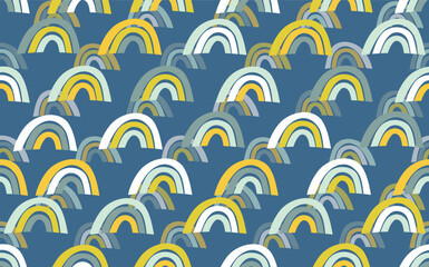 Trendy seamless pattern with colorful rainbow on color background. Design for invitation, poster, card, fabric, textile, fabric. Cute holiday illustration for baby. Scandinavian doodle style