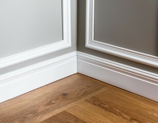 close up of decorative moulding white baseboard corner in empty room with copy space