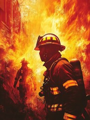 Naklejka premium Two brave firefighters in black gear against a backdrop of intense flames.