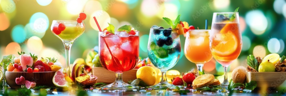 Poster brightly colored cocktails sit on a table surrounded by various snacks and fruit slices, adding to t