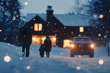 People walking in snowy evening near illuminated houses. Winter neighborhood atmosphere. Holiday season photography