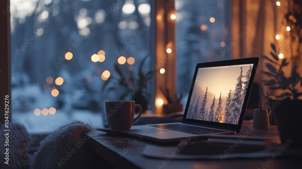 Poster a warm and inviting workspace features a laptop displaying a winter landscape, surrounded by plants 