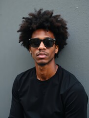 Fototapeta premium young ethnic curly man sunglasses black clothes against grey wall