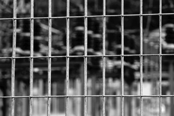 impassable refugee camp border made of a metal grid increases the dramatic effect of the image
