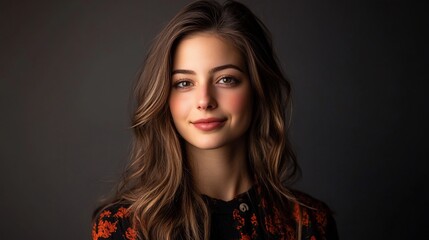 A young woman with long brown hair smiles at the camera in a close-up portrait.