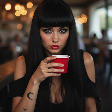 woman, short black hair, straight, bangs and striking, makeup, black eyeliner, she, goth girl, tattoo girl, modern girl, creative girl, coffee, coffee shop, drinking coffee, pretty girl, person, bever
