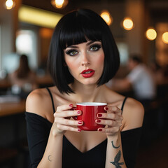 woman, short black hair, straight, bangs and striking, makeup, black eyeliner, she, goth girl, tattoo girl, modern girl, creative girl, coffee, coffee shop, drinking coffee, pretty girl, person, bever