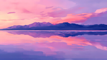 Obraz premium Pink saltlake with vibrant hues of pink and purple reflections, pink, saltlake, vibrant, hues, purple, reflections, serene. Salt Flats. Illustration