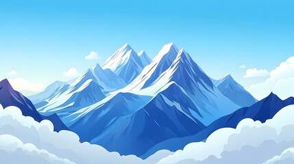 Majestic blue mountains with snow-capped peaks rise against a sky filled with drifting clouds. Snow-Capped Peaks. Illustration