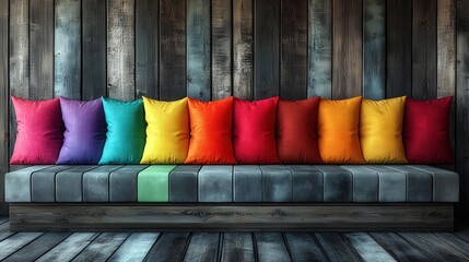interior decor created with colorful pillows in a wooden room