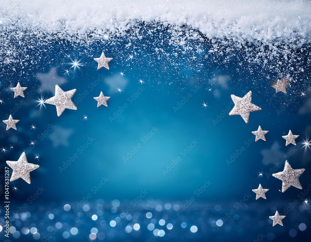 Poster Copy space for text over blue snowy background with stars and empty space for a festive_1(200)