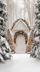 A beautiful front door adorned with a wreath and lights, framed by snow-covered pine trees, creating a joyful Christmas atmosphere