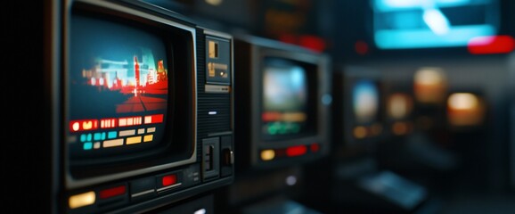 Naklejka premium Vintage televisions with colorful screens in a dark room.