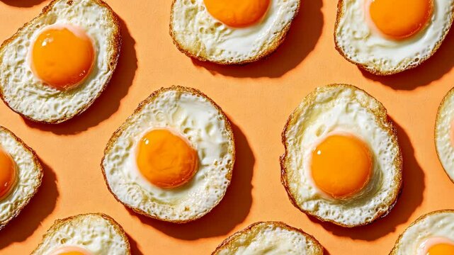 Perfectly fried eggs are arranged in a pattern on an orange background