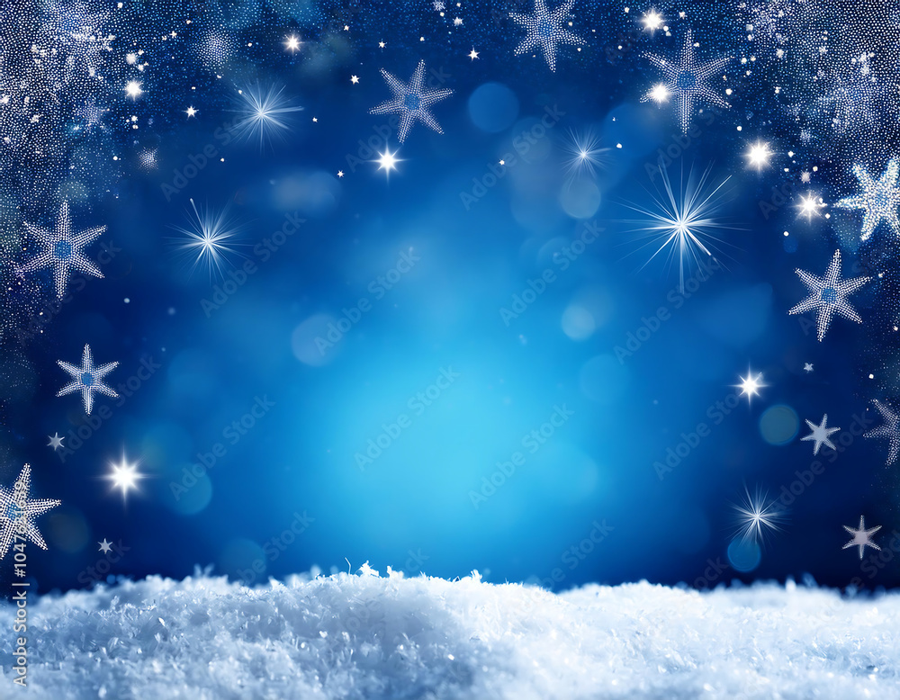 Poster Copy space for text over blue snowy background with stars and empty space for a festive ver_1(198)