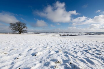 Panoramic winter landscape with lone tree on snowy hill. Rural countryside view with white fields. Minimalist nature scenery with blue sky and clouds. Background for banner