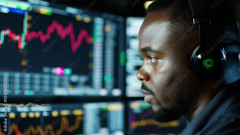 Poster trader analyzing market data on multiple screens during daytime in a modern trading room